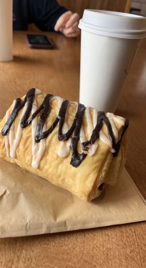 Vegan chocolate-filled scone and mocha with oat milk and vegan whipped cream!  at Green Salmon Coffee and Tea House in Yachats