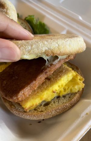 Omni pork, just egg, vegan jalapeño cheese sliders  at Green Salmon Coffee and Tea House in Yachats