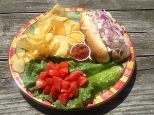 Bavarian brat  at Green Salmon Coffee and Tea House in Yachats