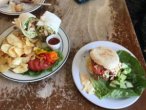 Sesame ";Chicken"; Wrap and Breakfast English Muffin Sandwich at Green Salmon Coffee and Tea House in Yachats