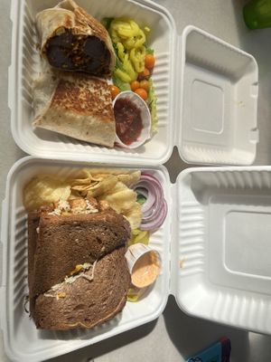 Chorizo breakfast burrito with tofu scramble and added black beans. Tempeh Reuben with chips  at Green Salmon Coffee and Tea House in Yachats