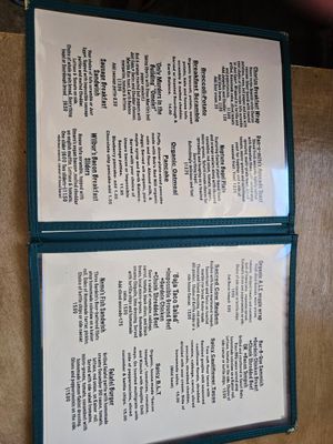 Great menu! Sorry it's sideways! at Green Salmon Coffee and Tea House in Yachats