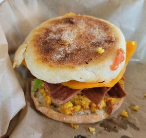 Breakfast sliders with bacon at Green Salmon Coffee and Tea House in Yachats