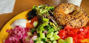 Bagel plate at Green Salmon Coffee and Tea House in Yachats
