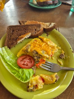 Just Egg Omelet with rye toast...and vegan sausage! at Green Salmon Coffee and Tea House in Yachats