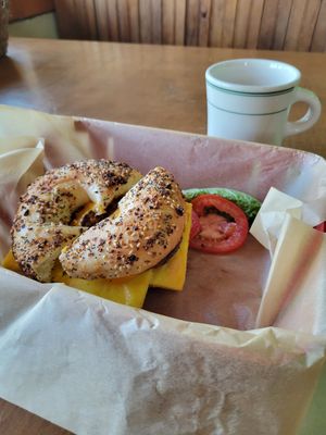 Sausage breakfast sandwich with just egg at Green Salmon Coffee and Tea House in Yachats