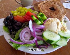 Breakfast bagel plate with veggies at Green Salmon Coffee and Tea House in Yachats