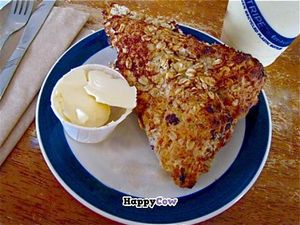 The puffy vegan breakfast scone at The Green Salmon at Green Salmon Coffee and Tea House in Yachats