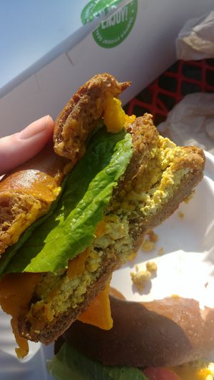 Whole wheat bagel sausage sandwhich at Green Salmon Coffee and Tea House in Yachats