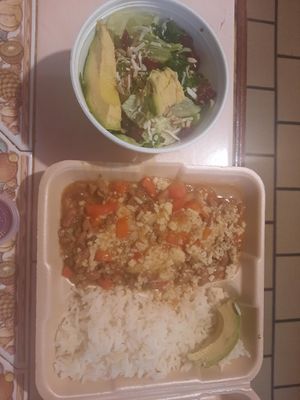 Chilli cheese, white rice, garden Salad, with red wine vinaigrette dressing at Vegan Chefcita Homemade Foods in Puerto Vallarta