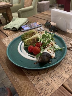 Eggplant with miso glaze, cashew cream and tomatoes at Cafe Imbir - Ginger in Kyiv