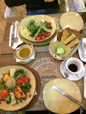 Salad with grilled veggies and salad with avocado, bamboo and pecans.  at Cafe Imbir - Ginger in Kyiv