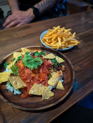 Vegan rice bowl with chili beans and fries at Upper Yard Aoshima in Miyazaki
