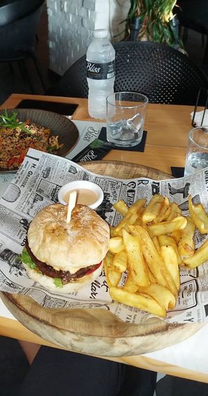 "Vegan" burger and my friend had noodles at Bliss Cocktail & Shisha Bar in Rhodes
