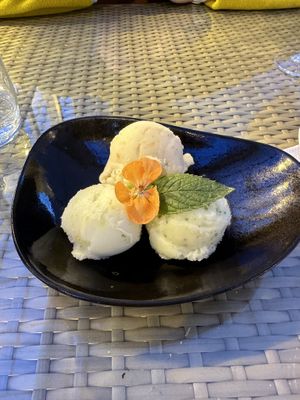 Trio of sorbets  Cucumber, mint, and lime. Red tomatoes and basil. Green tomatoes and rosemary. The green tomato I thought would be my least favorite but was actually the best!  at Friðheimar in Selfoss