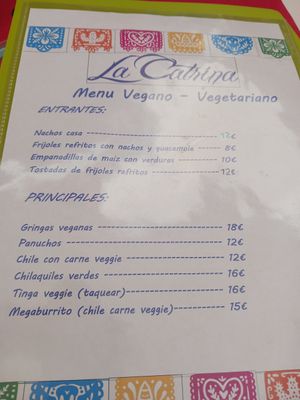 Vegan menu at Restaurante Mexicano La Catrina in Villajoyosa