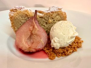 Almond Slice with Poached Pear and Vanilla Ice Cream  at Tonnau Restaurant in Criccieth