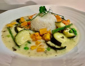 Thai Vegetable Curry with Jasmine Rice at Tonnau Restaurant in Criccieth