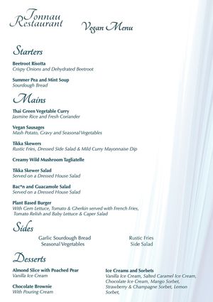 Vegan Menu  at Tonnau Restaurant in Criccieth