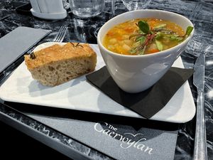 Chunky Spring Vegetable Soup with Homemade Focaccia  at Tonnau Restaurant in Criccieth