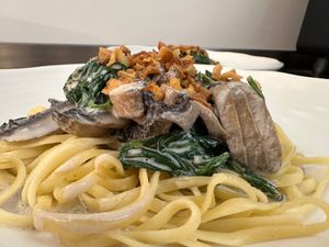 Mushroom and Spinach Linguine  at Tonnau Restaurant in Criccieth