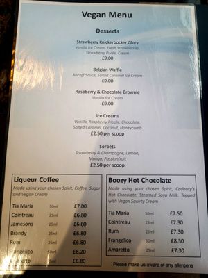 Tonnau Restaurant Vegan Menu (Desserts, Hot Drinks) June 2025 at Tonnau Restaurant in Criccieth