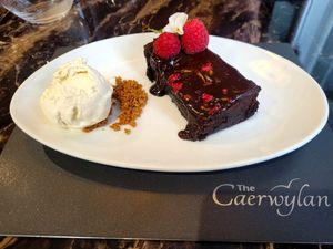 Raspberry and Chocolate Brownie at Tonnau Restaurant in Criccieth