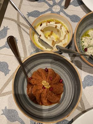 Muhammara and hummous with pines  at Burj Al Hamam in Balqaa