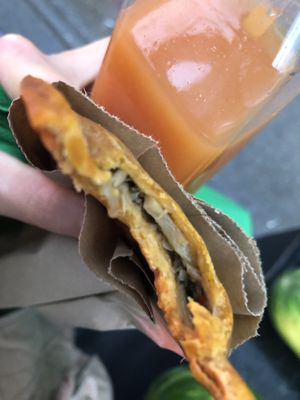Inside of vegan beef Patties made out of mushrooms and loves   at Food For Negus in Brooklyn