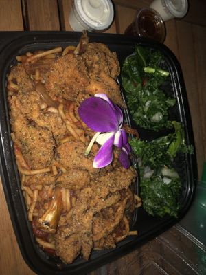 Veggie lomen
Kale salad mushrooms 
Soursop juice   at Food For Negus in Brooklyn