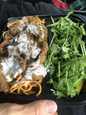 Mushroom , burdock stir noodles, mango salad   at Food For Negus in Brooklyn