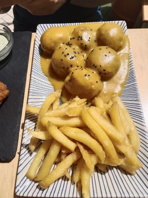 Albóndigas en salsa de almendras... Espectaculares at La Vegana Taperia Playa in Torre Del Mar