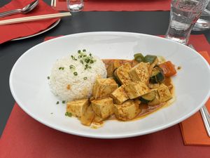Red curry tofu with rice  at Cafe Restaurant Engel Asian & Local in Vaduz