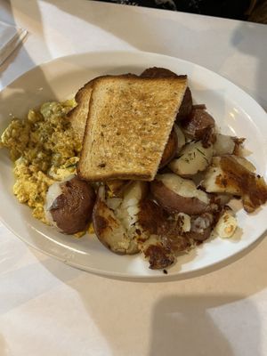Country breakfast with tofu and veg sausage  at Chocolate Maven Bakery and Cafe in Santa Fe