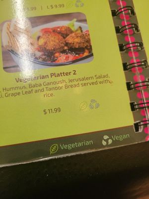 Vegetarian and vegan symbols listed at bottom pages so you know what to look for. 3 leaves are vegan options. at Taste of Jerusalem and More in Pensacola