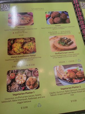Falafel is vegan (not listed, but it is), stuffed grape leaves, and both vegetarian platters at bottom are vegan at Taste of Jerusalem and More in Pensacola