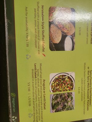 Jerusalem style stuffed falafel and arugula or lentil salad are all vegan. at Taste of Jerusalem and More in Pensacola