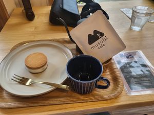 Butter Raisin Sandwich Ice Cream and Coffee at Musubi Sweets Factory  in Kyoto