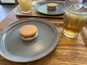 Fig-pecan ice cream sandwich and cold hojicha  at Musubi Sweets Factory  in Kyoto
