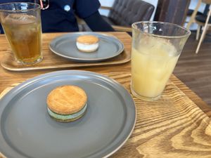 Matcha ice cream sandwich and apple juice  at Musubi Sweets Factory  in Kyoto