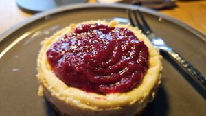 Cheesecake tart with raspberry - so good! at Joujou Biobackmanufaktur in Bad Duerkheim