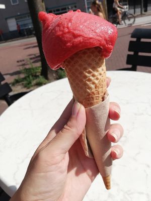 Strawberry ice cream in a cone at Room - Rodeweg in Groningen