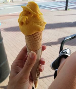 Mango ice cream in a cone at Room - Rodeweg in Groningen