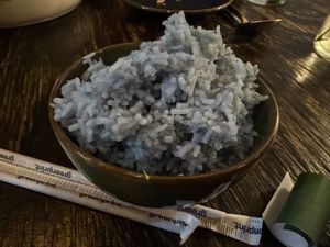 Horn Mall (premium jasmine rice) infused with butterfly pea flower at Nour Thai Kitchen in Oakland Park