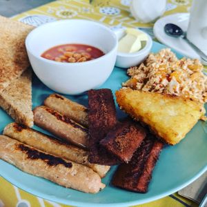 Vegan breakfast with harissa tofu scramble at Chorley Vegan Society in Chorley