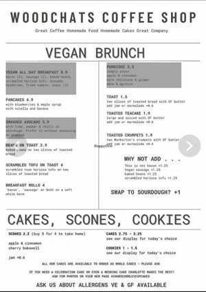 Vegan menu at Woodchat's at Chorley Vegan Society in Chorley