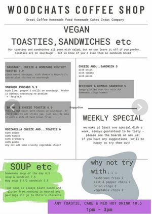 Vegan menu at Woodchat's at Chorley Vegan Society in Chorley