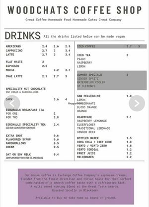 Vegan menu at Woodchat's at Chorley Vegan Society in Chorley