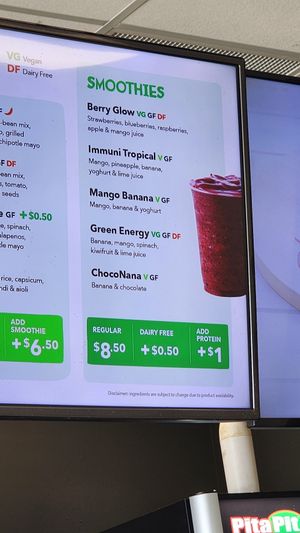 Clearly marked vegan options at Pita Pit in Napier