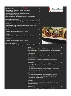 Menu  at Casa Mexico in Ottawa